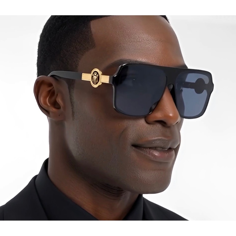 Mens Black Gold Lion Head Shield Sunglasses Oversized Flat Top Aviator Gangs New